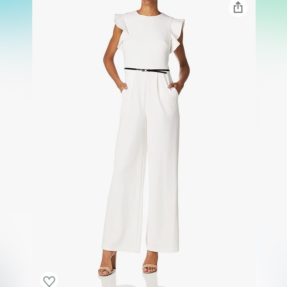 White Calvin Klein Jumpsuit Flutter Sleeve and Belt Details